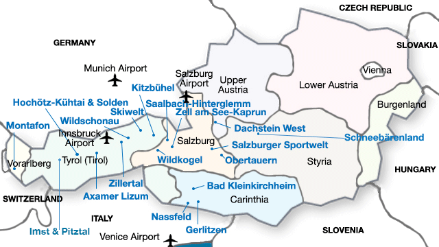 Map of Austria with PGL Ski resort information